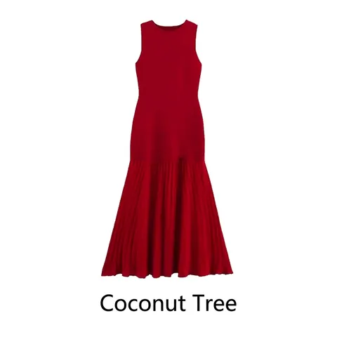 Women Casual Sleeveless Pleated Maxi Dress Round Neck Patchwork Solid Red Summer Street Style Dress With Belt