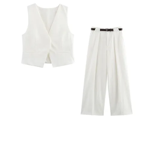 Conjunto de Dos Piezas de Lino Casual para Mujer Chaleco con Cuello en V y Pantalones de Pierna Ancha de Cintura Alta