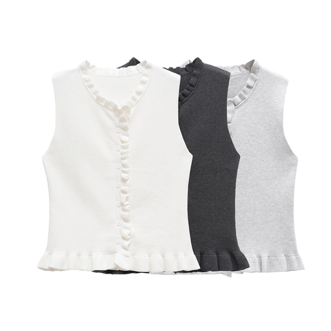 Gilet en Tricot de Coton Mercerisé pour Femme Bordure à Volants Col Rond Simple Boutonnage Sans Manches Couleur Unie