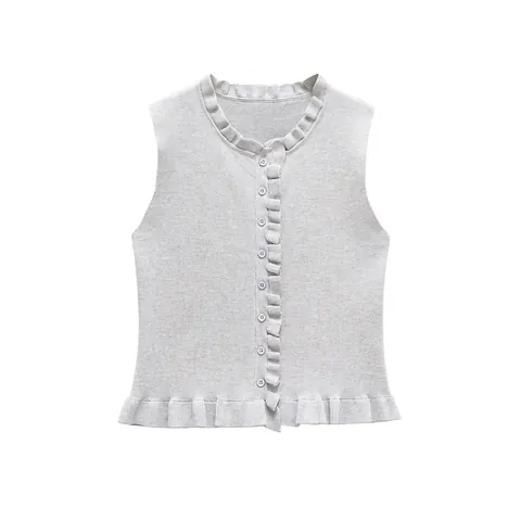 Gilet en Tricot de Coton Mercerisé pour Femme Bordure à Volants Col Rond Simple Boutonnage Sans Manches Couleur Unie