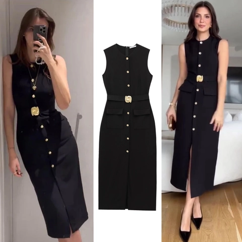 Abito Midi Donna Senza Maniche Girocollo Con Cintura Bottoni Dorati Spacco Anteriore Tasca Ufficio Casual Moda Abito Snellente