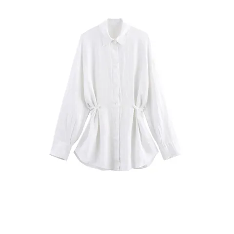 Damen Elegant Weiß Leinen Langarm Hemd Verstellbarer Kordelzug Taille Einreihig Umlegekragen Lässig Büro Bluse