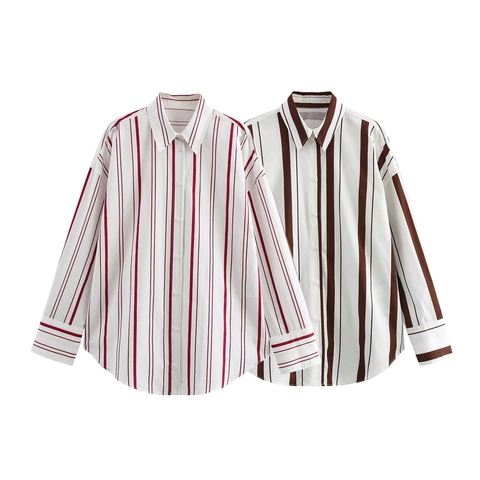 Camisa de Manga Larga con Rayas Verticales Casual para Mujer Solapa con Botones Blusa de Popelina Tops para Uso Diario