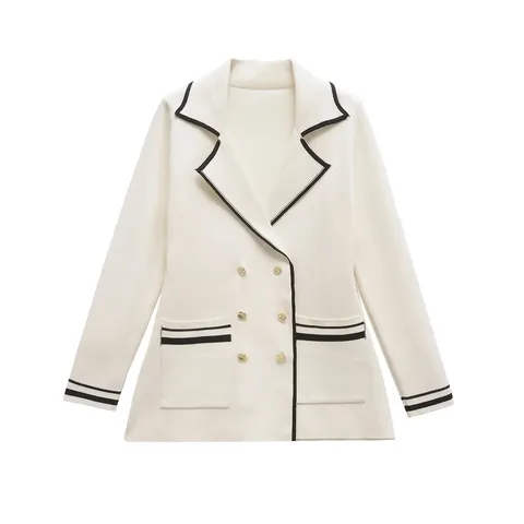Women Elegant Knitted Blazer Double Breasted Gold Button Contrast Piping Long Sleeve Office Lady Commute Knitwear Outerwear