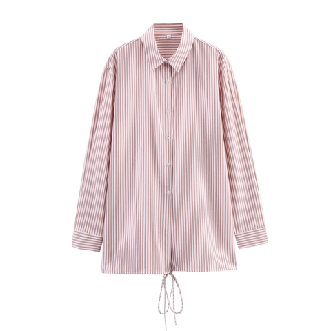 Women Casual Striped Long Sleeve Shirt Polyester Turn-down Collar Button Down Blouse With Drawstring Hem Office Commuter Top