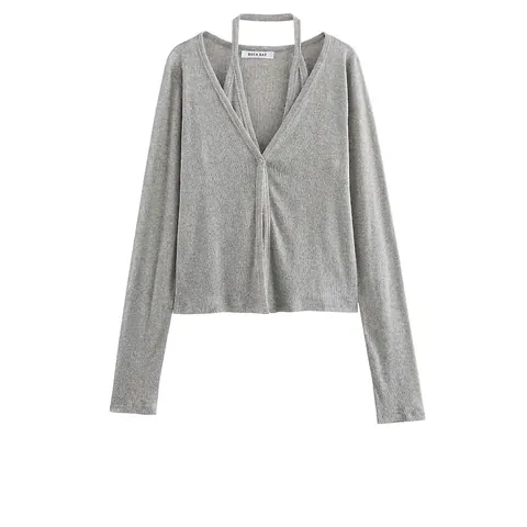 Women V Neck Halter Long Sleeve Knitted T-Shirt Solid Color Single Breasted Patchwork Street Style Slim Fit Top