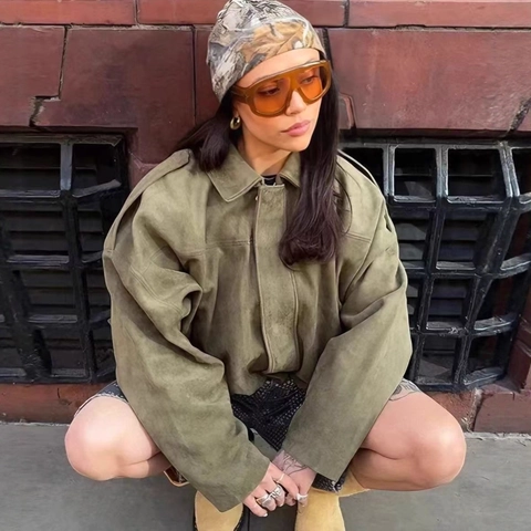 Dames Mode Suède Look Pilot Jack Vleermuismouw Oversized Casual Vintage Rits Kort Bovenkleding Woon-werkverkeer Jas