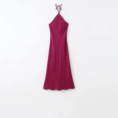 Donna Halter Schiena Scoperta Satin Maxi Vestito Estate Elegante Rosa Rosso Allacciato Linea A Vestito Lungo Per Vacanza Festa Casual