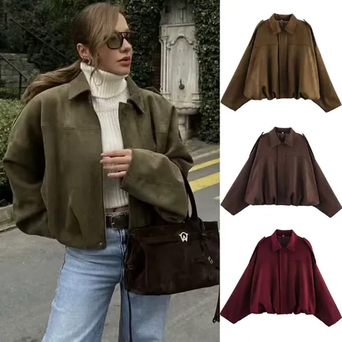 Dames Mode Suède Look Pilot Jack Vleermuismouw Oversized Casual Vintage Rits Kort Bovenkleding Woon-werkverkeer Jas