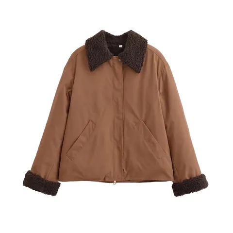 Women Corduroy Collar Faux Shearling Trim Jacket Contrast Color Zip Up Short Outerwear Autumn Winter Casual Streetwear Coat