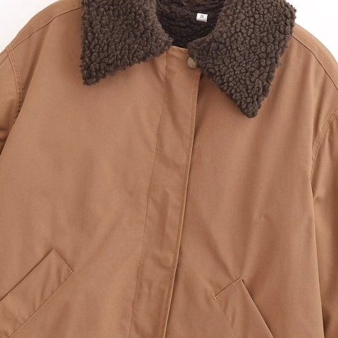 Women Corduroy Collar Faux Shearling Trim Jacket Contrast Color Zip Up Short Outerwear Autumn Winter Casual Streetwear Coat