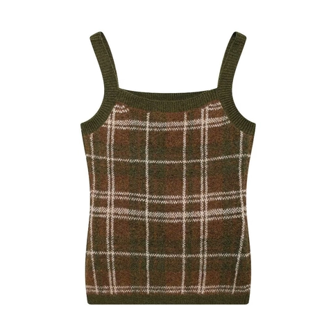 Women Retro Plaid Knit 2-Piece Set Long Sleeve Cardigan And Camisole Top Casual Streetwear Autumn Winter Outfit