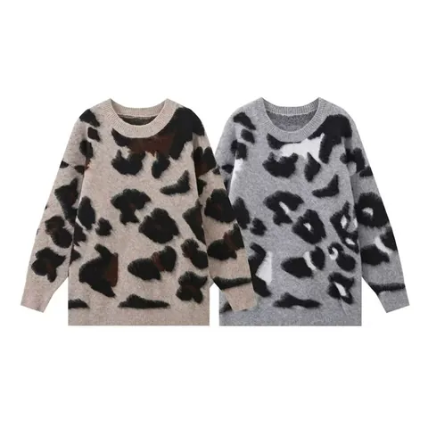 Women Leopard Print Knit Sweater Casual Long Sleeve Round Neck Pullover Warm Polyester Knitwear For Autumn Winter Daily Wear