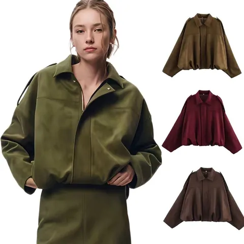 Damen Wildlederoptik Bomberjacke Set Mode Übergroße Drop Shoulder Kurzjacke Mit Schulterklappen Lässiges Outdoor Set Für Damen