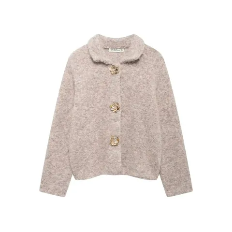 Women Casual Knitted Cardigan Sweater Faux Fur Turn-Down Collar Flower Buttons Oatmeal Solid Long Sleeve Autumn Winter Knitwear Top