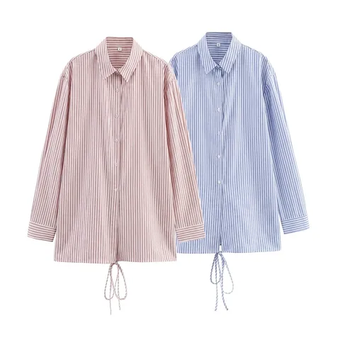 Women Casual Striped Long Sleeve Shirt Polyester Turn-down Collar Button Down Blouse With Drawstring Hem Office Commuter Top