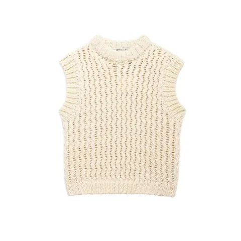 Women Casual Knitted Vest Crew Neck Sleeveless Hollow Out Wavy Texture Solid Color Cream Autumn Winter Fashion Knitwear Top