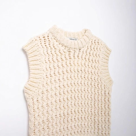 Women Casual Knitted Vest Crew Neck Sleeveless Hollow Out Wavy Texture Solid Color Cream Autumn Winter Fashion Knitwear Top