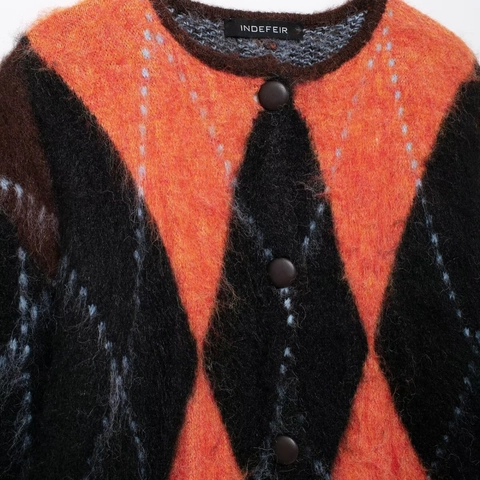Vintage Argyle Knit Cardigan Women Loose Mohair Style Round Neck Long Sleeve Patchwork Color Block Knitted Sweater Coat