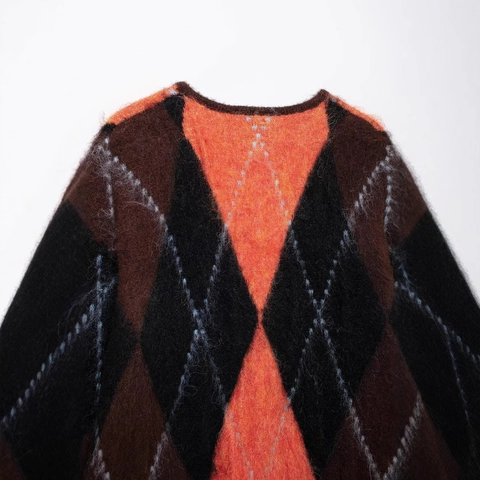 Vintage Argyle Knit Cardigan Women Loose Mohair Style Round Neck Long Sleeve Patchwork Color Block Knitted Sweater Coat