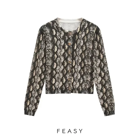 Cárdigan de Punto para Mujer Estampado de Serpiente Manga Larga Cuello Redondo con Botones Casual Streetwear Moda Top