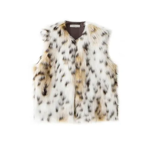 Damen Mode Kunstpelz Leopardenmuster Weste Ärmellos Rundhals Warm Winter Taille Mantel Streetwear Casual Outwear