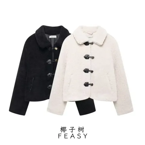 Veste Courte en Polaire Sherpa pour Femme Revers Boutonné Manteau Street Style Manches Longues Automne Hiver Chaud