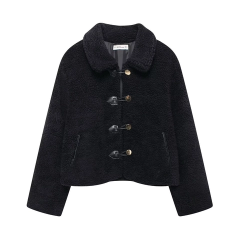 Veste Courte en Polaire Sherpa pour Femme Revers Boutonné Manteau Street Style Manches Longues Automne Hiver Chaud