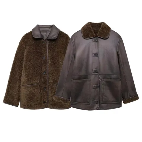 Chaqueta Reversible de Cuero Sintético y Piel Sintética para Mujer Vintage Oversized Color Sólido Abrigo de Invierno