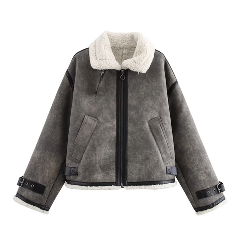 Chaqueta de Aviador para Mujer en Gamuza Sintética Gris con Solapa de Borreguito Cremallera y Hebilla con Tira Invierno Cálido Casual