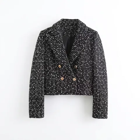 Dames Korte Tweed Blazer Jas Double-breasted Vintage Zwart-wit Textuur Mantel Met Gouden Knopen Herfst Winter