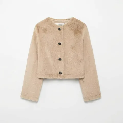 Chaqueta Corta de Piel Sintética para Mujer Color Sólido Cuello Redondo Manga Larga Botones Abrigo Cropped Elegante Otoño Invierno