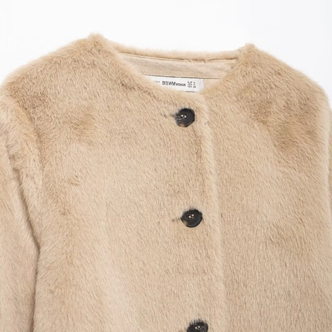Chaqueta Corta de Piel Sintética para Mujer Color Sólido Cuello Redondo Manga Larga Botones Abrigo Cropped Elegante Otoño Invierno