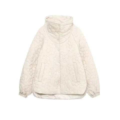 Women Flower Quilted Cotton Jacket Fall Winter Warm Padded Coat Stand Collar Single Breasted Outwear Beige Puffer Jacket