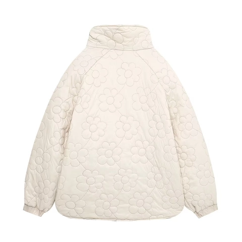 Women Flower Quilted Cotton Jacket Fall Winter Warm Padded Coat Stand Collar Single Breasted Outwear Beige Puffer Jacket