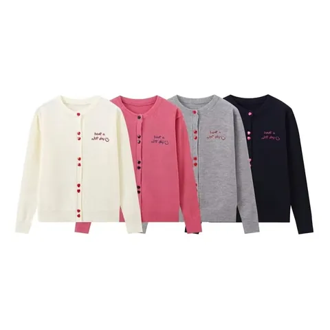 Cardigan in Maglia Donna Casual Ricamo Lettera Smile Face Bottone a Cuore Girocollo Manica Lunga Maglione Largo Top