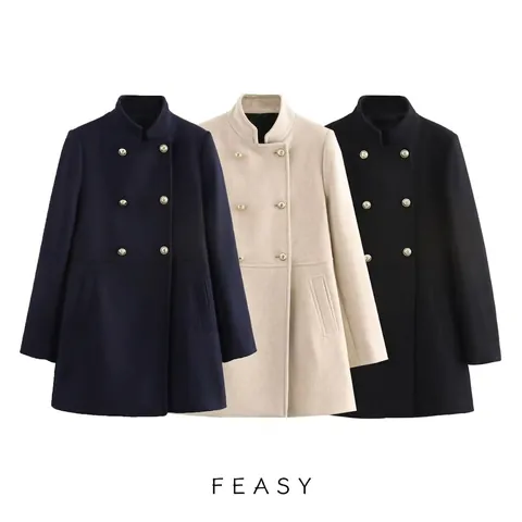 Women Elegant Double Breasted Wool Blend Coat Stand Collar Mid Length Slim Fit Autumn Winter Fashion Outerwear Jacket
