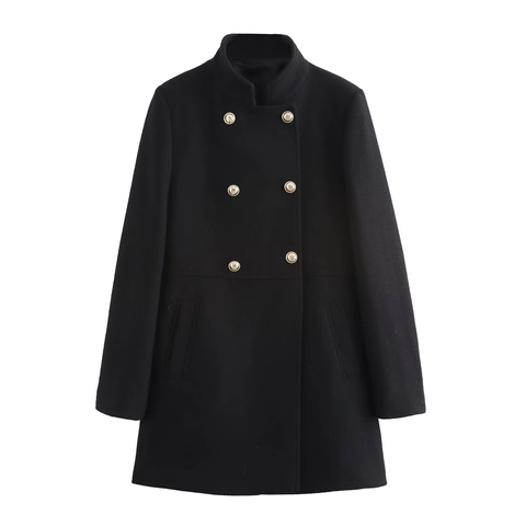 Women Elegant Double Breasted Wool Blend Coat Stand Collar Mid Length Slim Fit Autumn Winter Fashion Outerwear Jacket