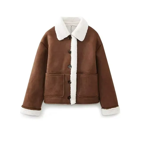 Giacca Sherpa da Donna in Finta Pelle Scamosciata Cappotto Foderato in Pile Vintage Con Tasche a Toppa Bavero Monopetto Caldo