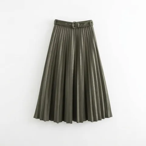 Women Suede Effect Pleated Midi Skirt High Waist A-Line Long Skirt With Belt Casual Fashion Solid Color Bottom