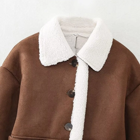 Giacca Sherpa da Donna in Finta Pelle Scamosciata Cappotto Foderato in Pile Vintage Con Tasche a Toppa Bavero Monopetto Caldo