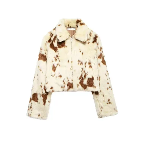Women Faux Fur Cow Print Jacket Short Zip Up Coat Autumn Winter Long Sleeve Lapel Streetwear Brown White Fashion Outerwear