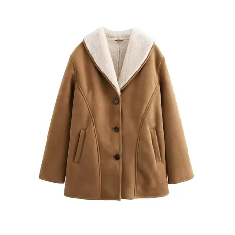 Abrigo Midi De Ante Sintético Para Mujer Con Solapa De Lana De Cordero Color Sólido Botonadura Sencilla Chaqueta Streetwear