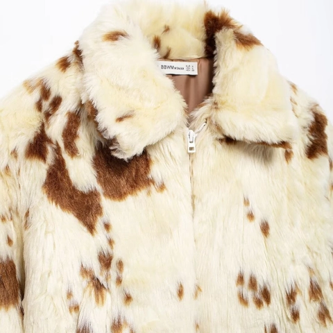 Women Faux Fur Cow Print Jacket Short Zip Up Coat Autumn Winter Long Sleeve Lapel Streetwear Brown White Fashion Outerwear