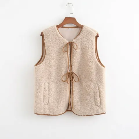 Women's Casual Sherpa Fleece Vest Contrast Trim Round Neck Tie Front Sleeveless Waistcoat Warm Outerwear Solid Color Top