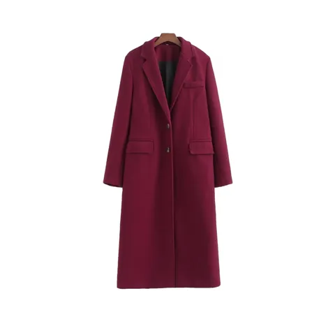 Women Elegant Burgundy Long Coat Single Breasted Notch Lapel Polyester Woolen Like Overcoat Autumn Winter Fashion Outerwear