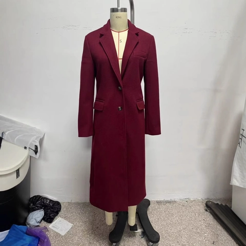 Women Elegant Burgundy Long Coat Single Breasted Notch Lapel Polyester Woolen Like Overcoat Autumn Winter Fashion Outerwear