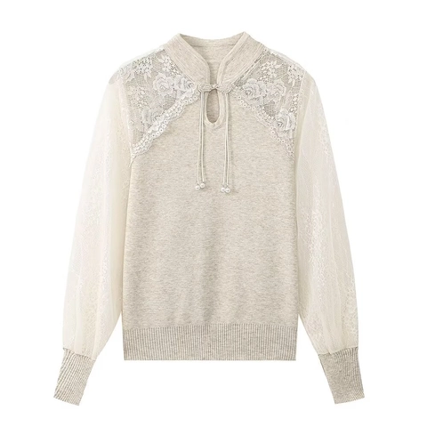 Haut en Tricot Rétro pour Femmes Style Chinois Dentelle Épissure Col Montant Bouton Chinois Pendentif Künstliche Perle Pull Décontracté