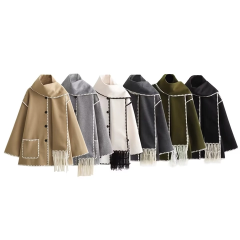 Women Elegant Scarf Collar Woolen Coat With Tassels Scalloped Stitch Trim Loose Oversized Jacket Fall Winter Outerwear
