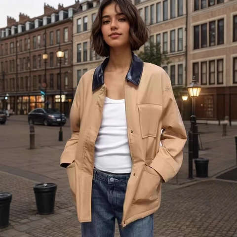 Chaqueta de Gamuza para Mujer Cuello de Solapa en Cuero Sintético en Contraste Bloque de Color Ropa de Abrigo con Bolsillos Grandes Abrigo de Invierno Caqui
